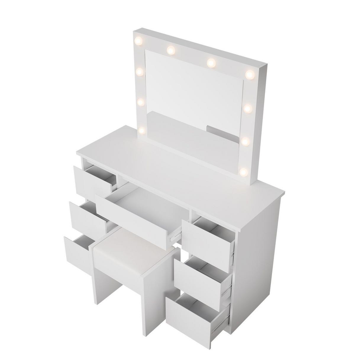SCHMINKTISCH Talea mit LED (3 Lichtstufen) inkl Hocker Melly - Weiß, Holz (110/141/40cm) - Juskys