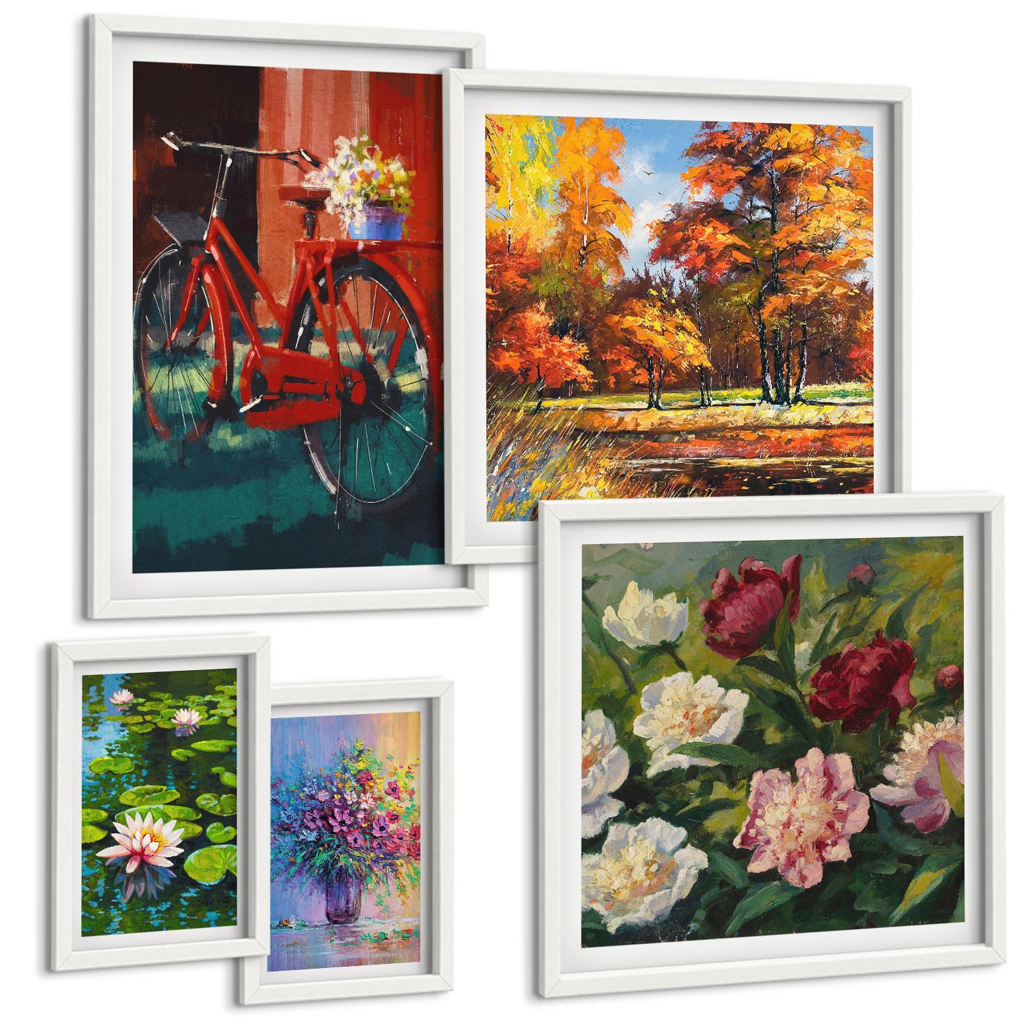 BILDER SET 5er Set - 50x50 cm & 20x30 cm & 40x60 cm Weißer Rahmen - Seerosen, Fahrradblumen - Weiß, Kunststoff (40/60cm) - TULUP
