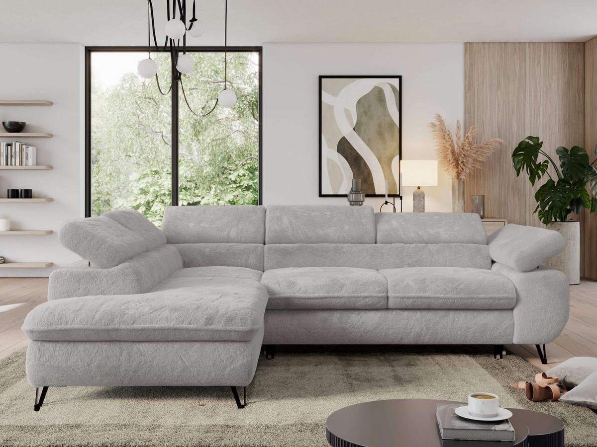 ECKSOFA PEDRO L Hellgrau Plüsch - Links Seite - Hellgrau/Schwarz, Textil/Metall (208/273cm) - MKS