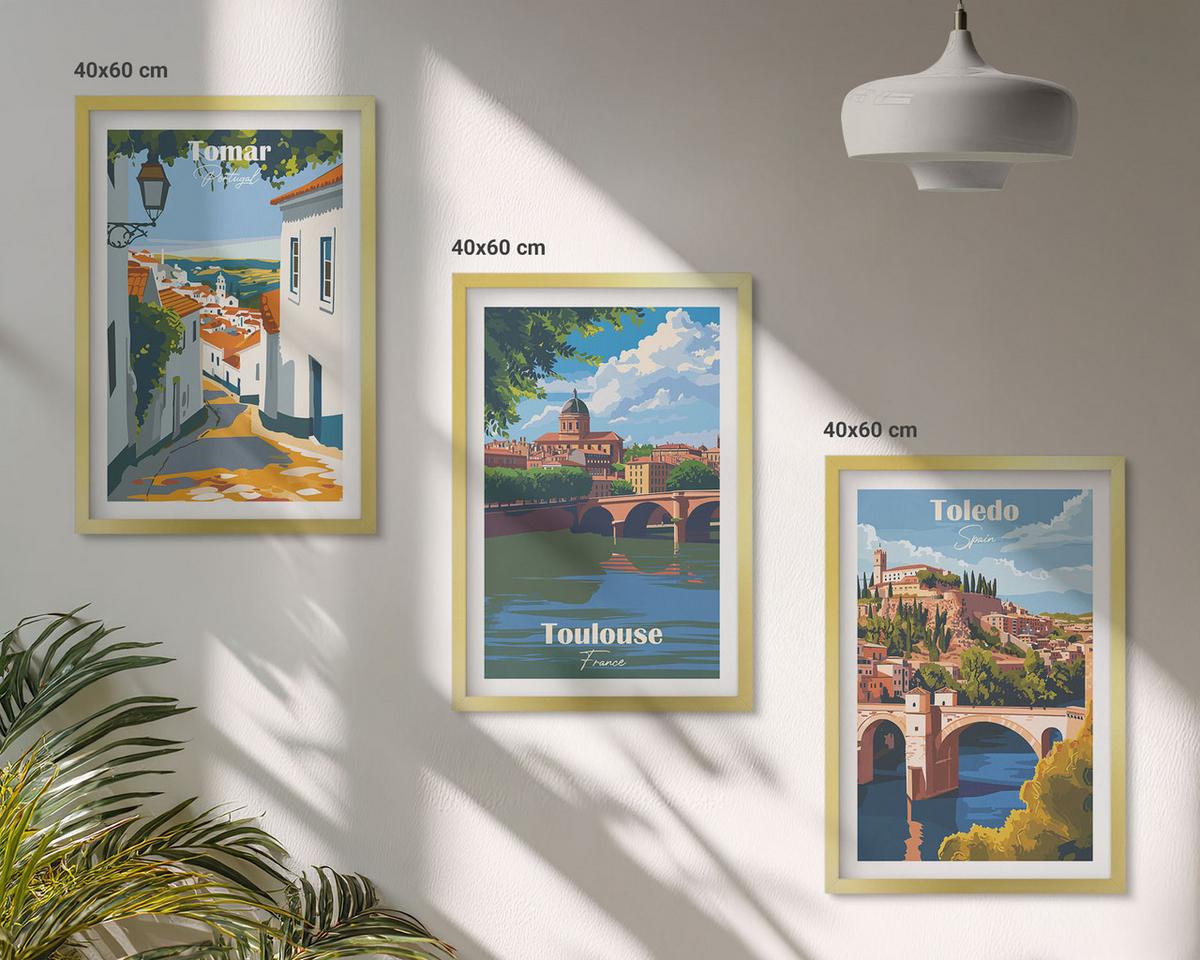 BILDER SET 3er Set - 40x60 cm Goldrahmen - Retro-Stadtgrafiken - Goldfarben, Kunststoff (40/60cm) - TULUP