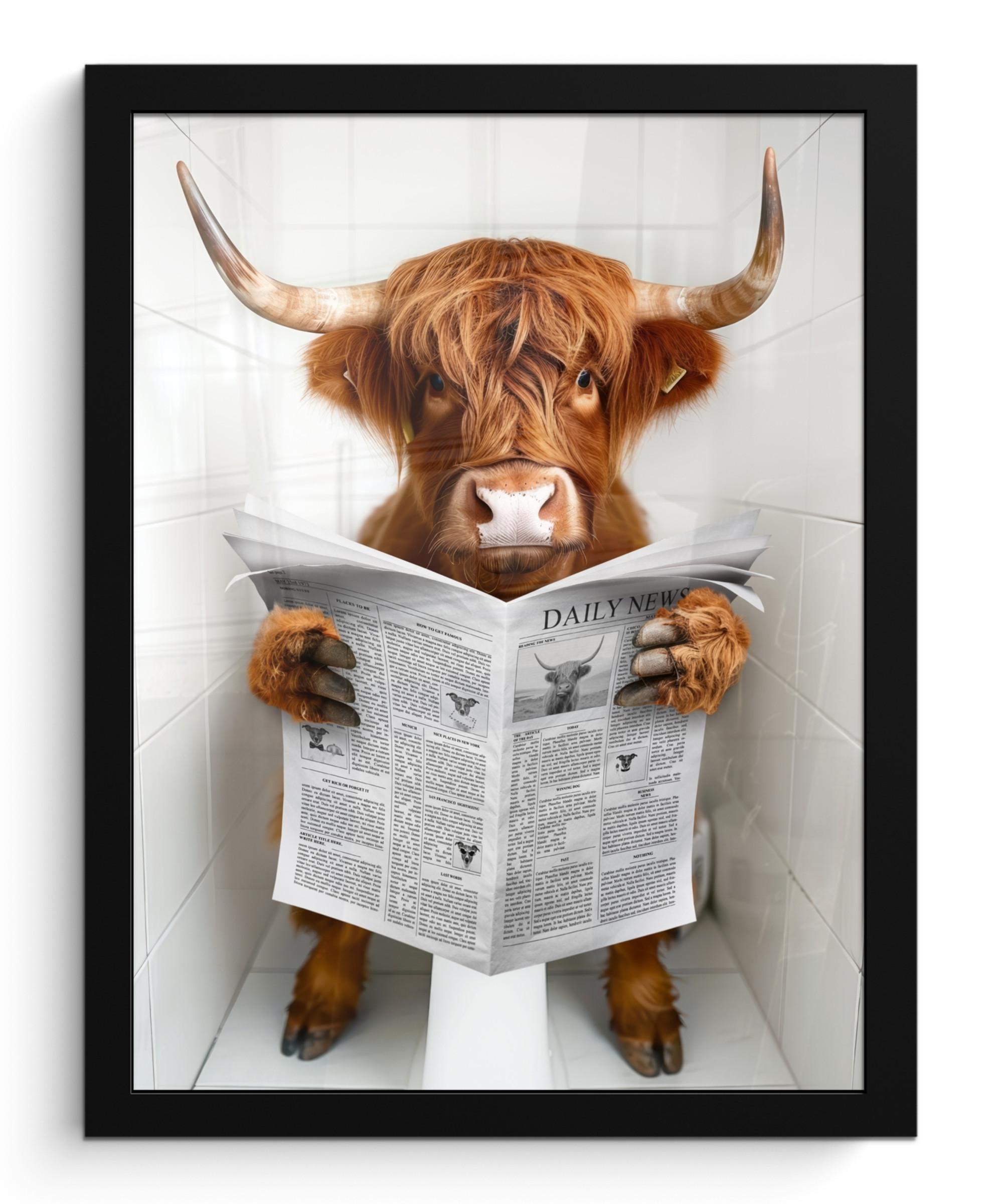 POSTER MIT RAHMEN Schottischer Highlander - Tier - Zeitung - Toilette Bilderrahmen 30x40 cm - Kastanienfarben, Papier (30/40cm) - MuchoWow