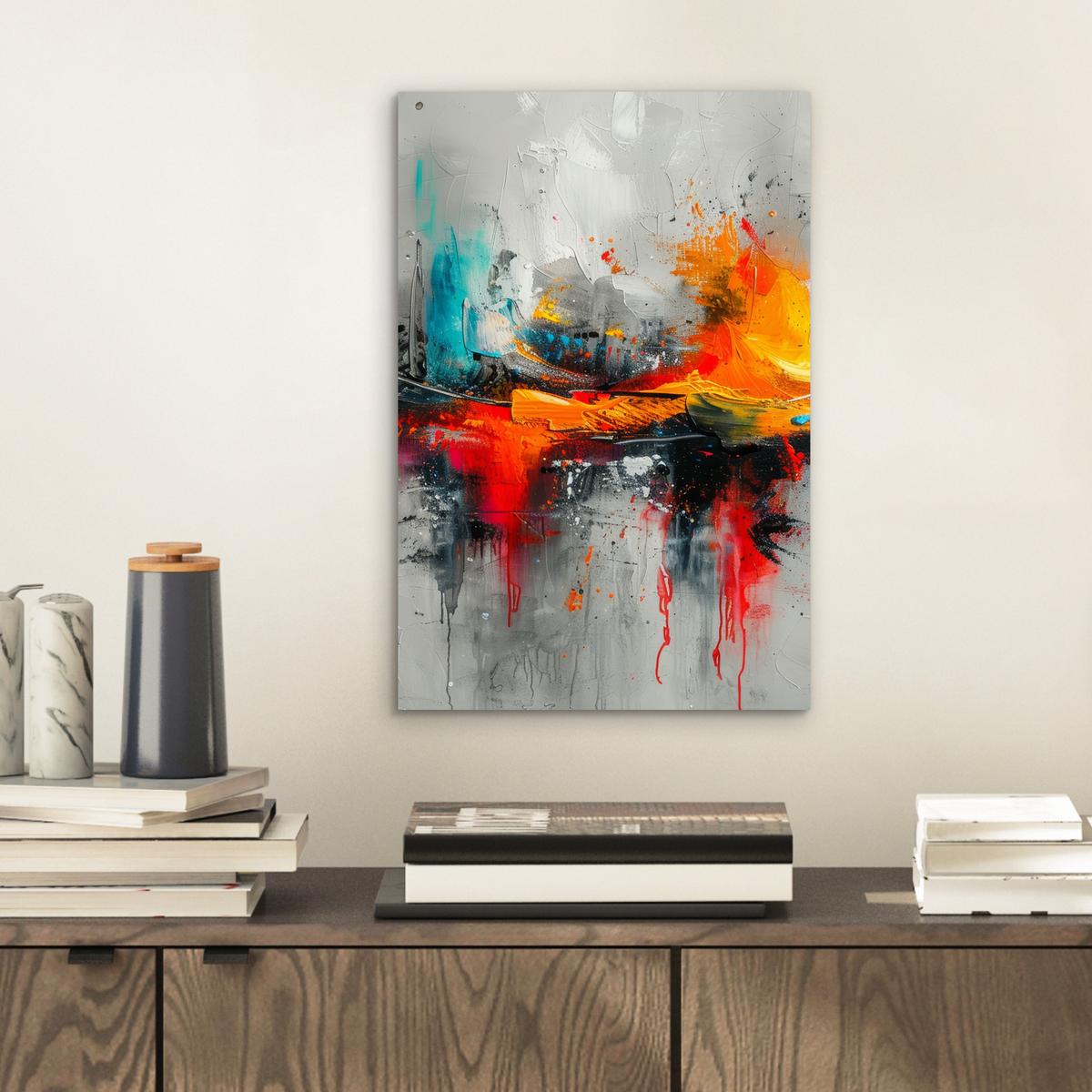 METALLBILD Moderne Kunst - Orange - Grau - Abstrakt 20x30 cm - Hellgrau, Metall (20/30cm) - MuchoWow