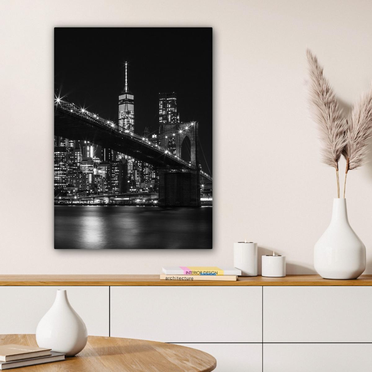 LEINWANDBILD New York - Brooklyn - Brücke Wandbild Wohnzimmer 60x80 cm - Schwarz, Textil (60/80cm) - MuchoWow