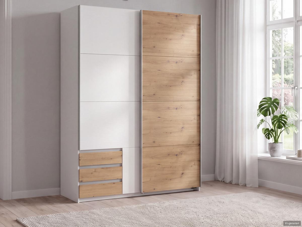 SCHWEBETÜRENSCHRANK 2-türig B135/H198/T65 cm, Kleiderschrank in Weiß, 1x Tür & sichtbare Schubkästen in Eiche Artisan Dekor / 22662 - Eichefarben/Alufarben, Holz/Holzwerkstoff (135/198/65cm) - luma-home