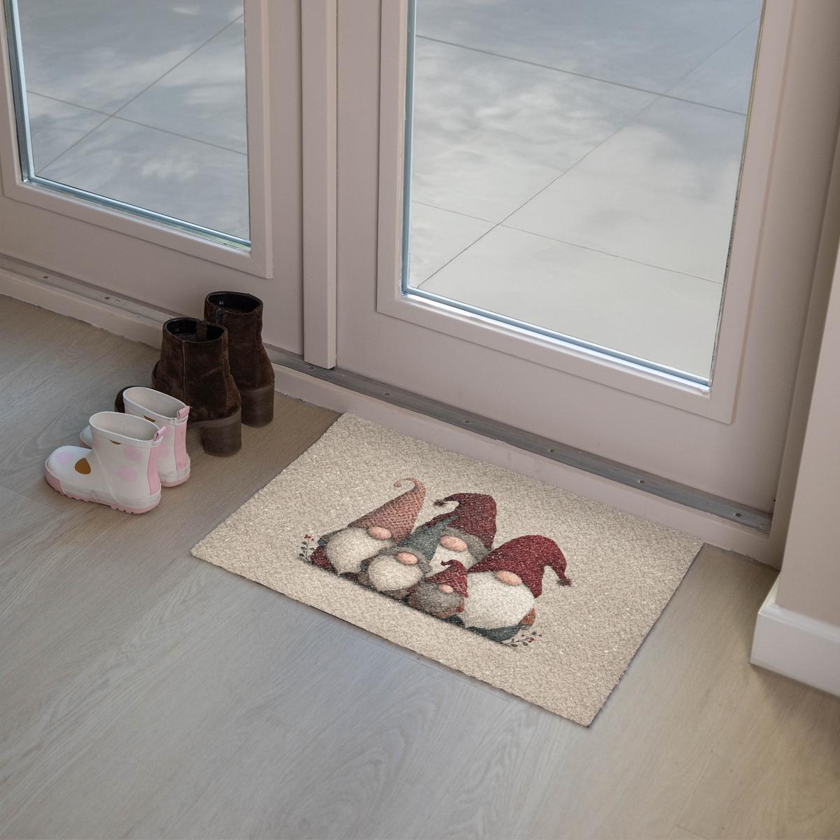 FUSSMATTE Wichtel - Weihnachten - Schnee - Zipfelmützen Türmatte 60x40 cm - Beige, Kunststoff (60/0.4cm) - MuchoWow