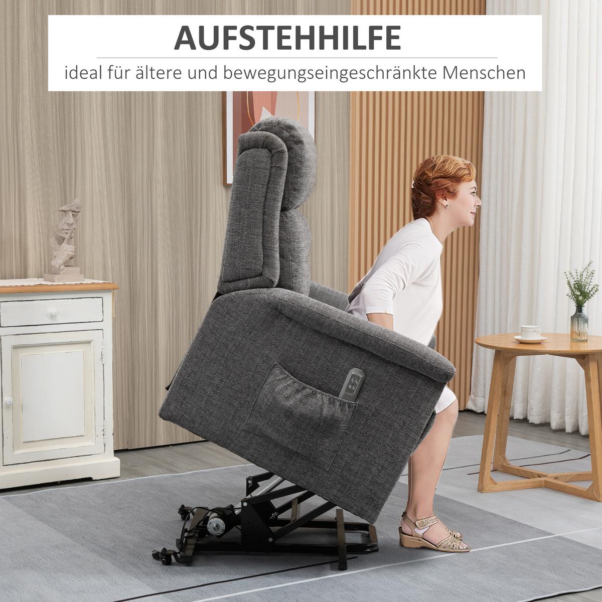 FERNSEHSESSEL mit Aufstehhilfe, Grau - Schwarz/Grau, Textil/Metall (87/108/92cm) - HOMCOM