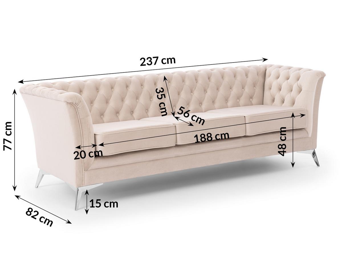 CHESTERFIELD-SOFA 3-sitzer Whitby Beige Samt mit silbernen Füßen - Beige/Silberfarben, Holz/Textil (237/78/82cm) - S-Style Möbel
