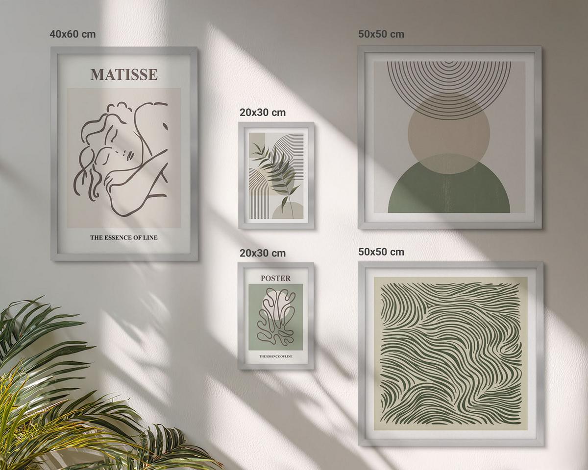 BILDER SET 5er Set - 50x50 cm & 20x30 cm & 40x60 cm Silberner Rahmen - Geometrische botanische Muster - Silberfarben, Kunststoff (40/60cm) - TULUP