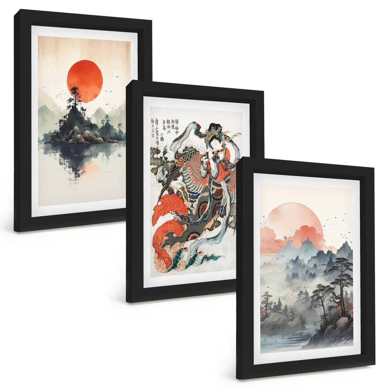 BILDER SET 3er Set - 20x30 cm Schwarzer Rahmen - Asiatische Japandi-Malereien - Schwarz, Kunststoff (20/30cm) - TULUP