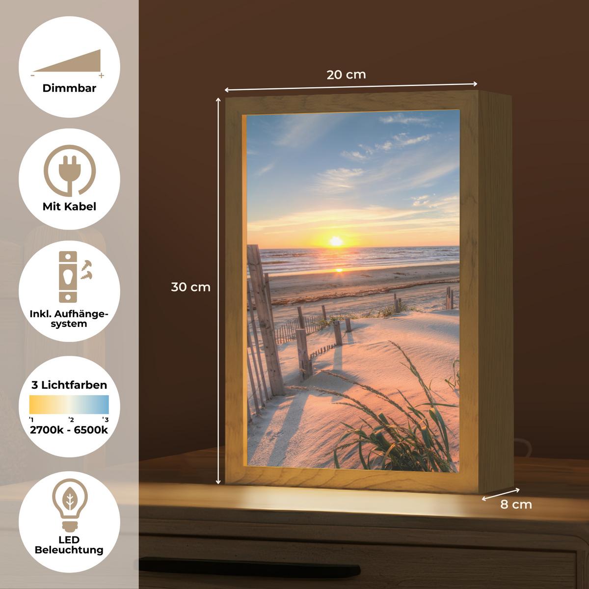 TISCHLEUCHTE Strand - Meer - Düne - Sonnenuntergang - Landschaft 20x30 cm - Creme, Holzwerkstoff (8/20/30cm) - OnlyWow