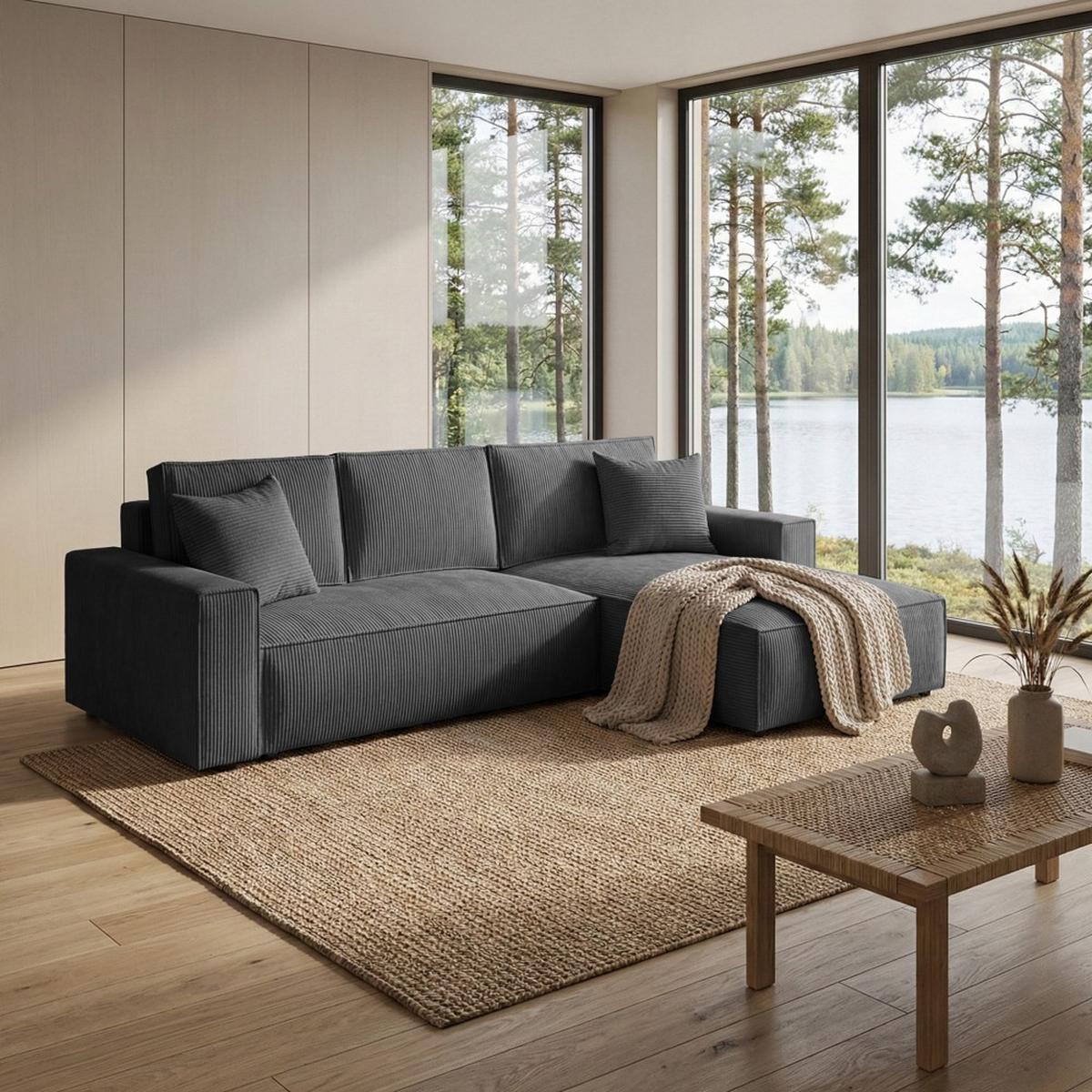 ECKSOFA Parys mit Schlaffunktion und universeller Ottomane, Dunkelgrau - Dunkelgrau/Schwarz, Kunststoff/Textil (290/185cm) - Beautysofa