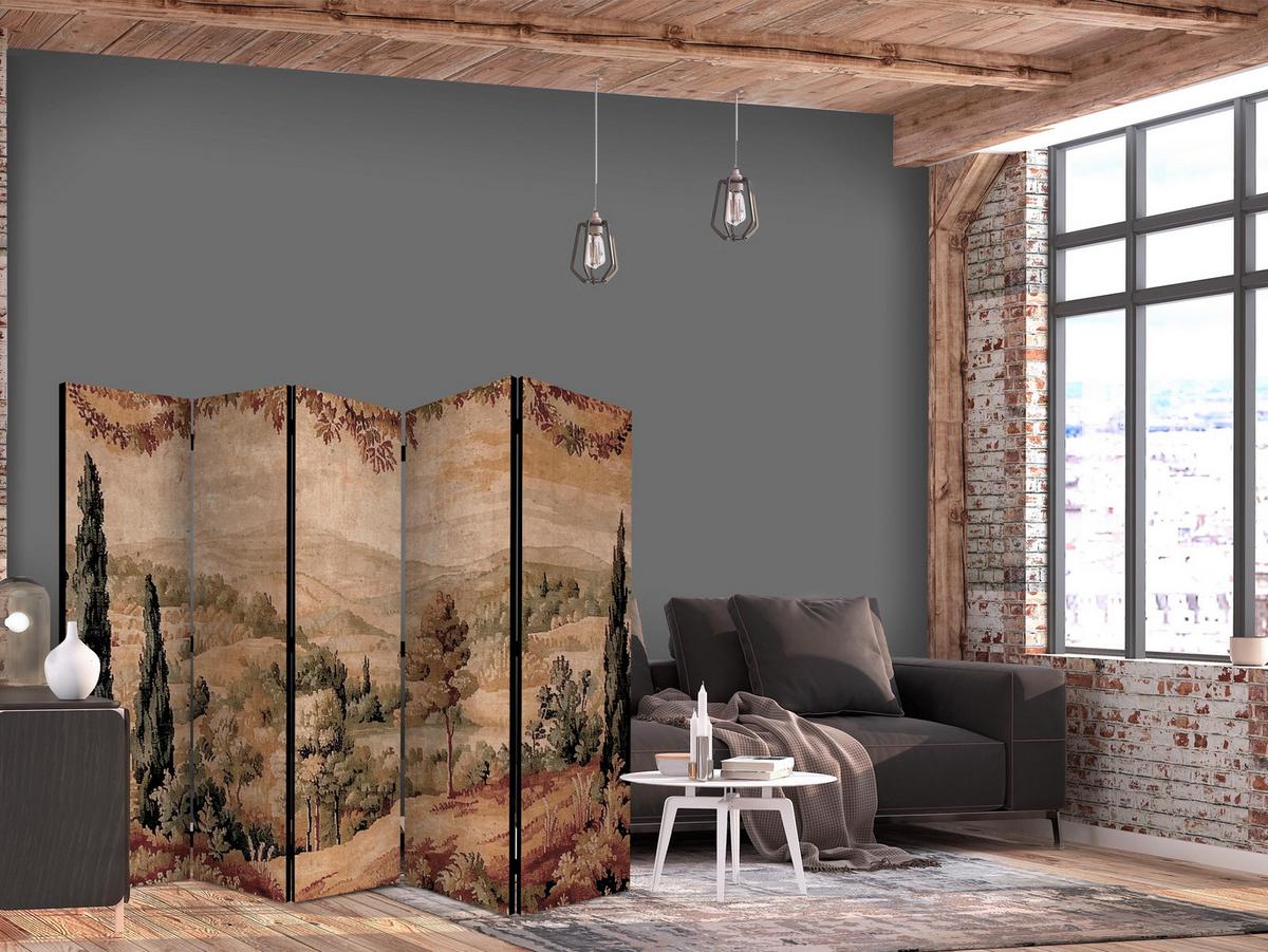 PARAVENT Akustik 5-tlg 225x172 cm Retro Landschaft - Braun, Holz/Textil (225/172/3cm) - Muralo