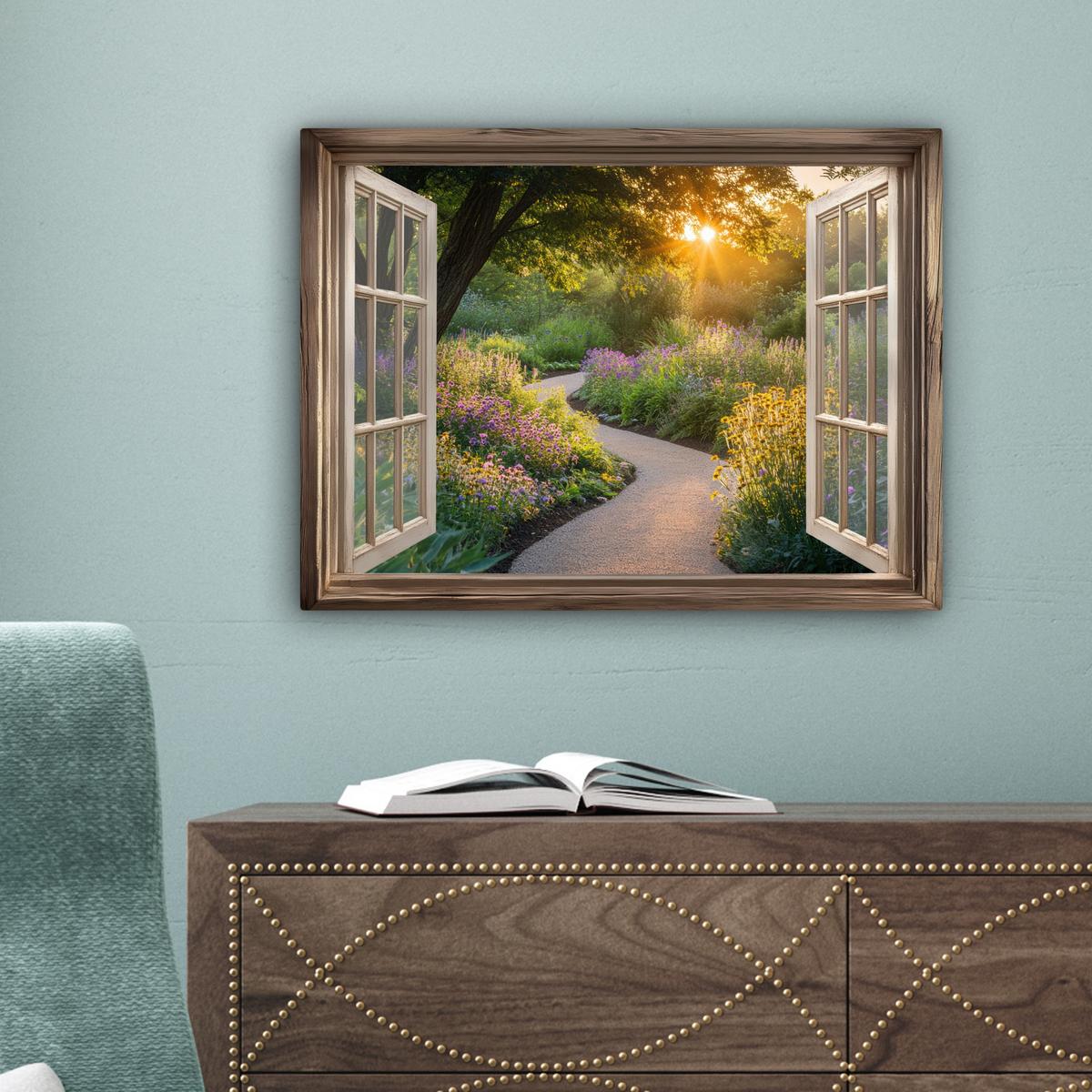 LEINWANDBILD Aussicht - Blumen - Natur - Sonne - Weg Wandbild 40x30 cm - Hellgelb, Textil (40/30cm) - MuchoWow
