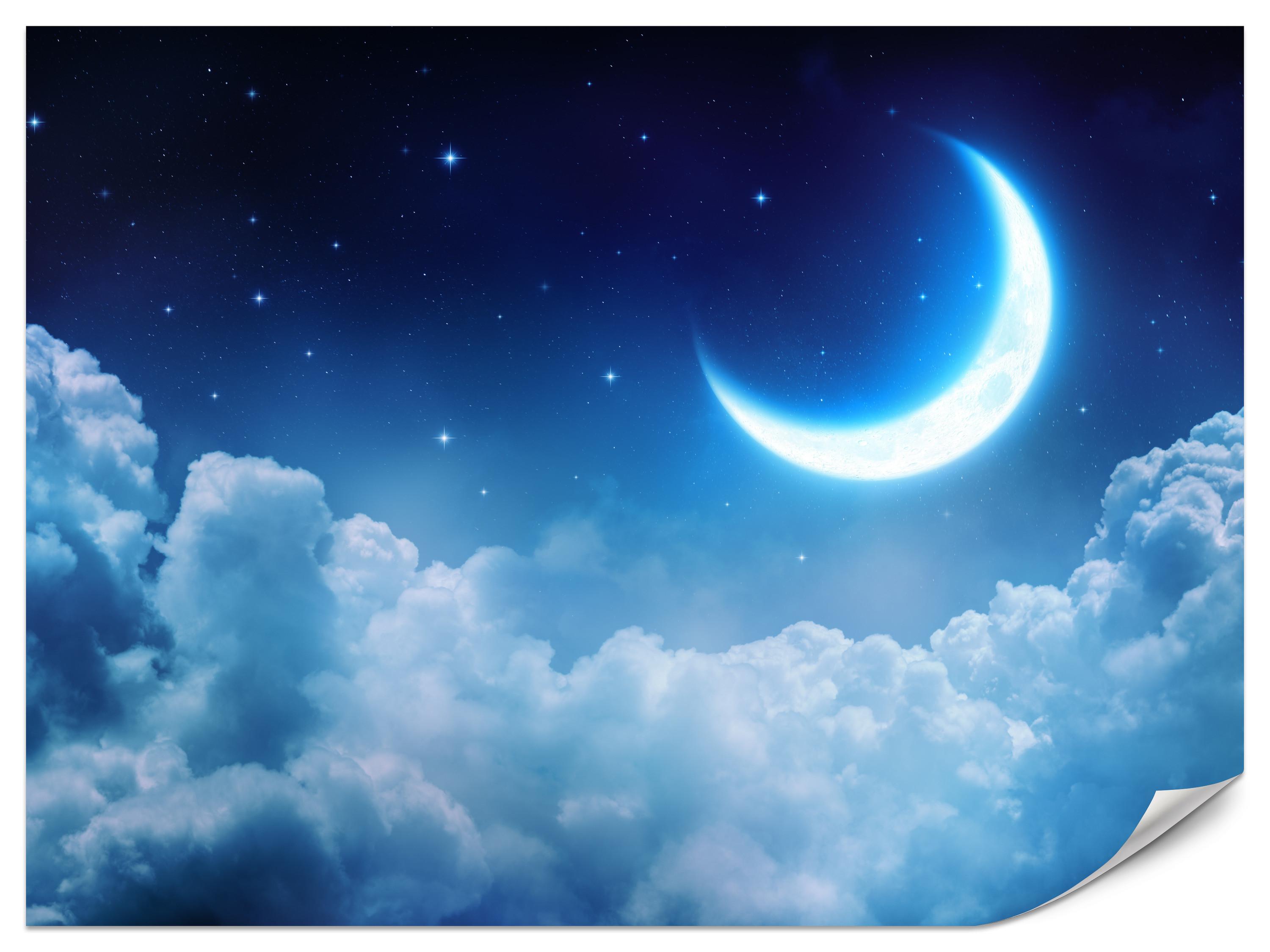 FOTOTAPETE für Schlafzimmer Himmel Wolken Mond Sterne 250x175 - Blau/Dunkelblau, Papier (250/175cm) - Muralo