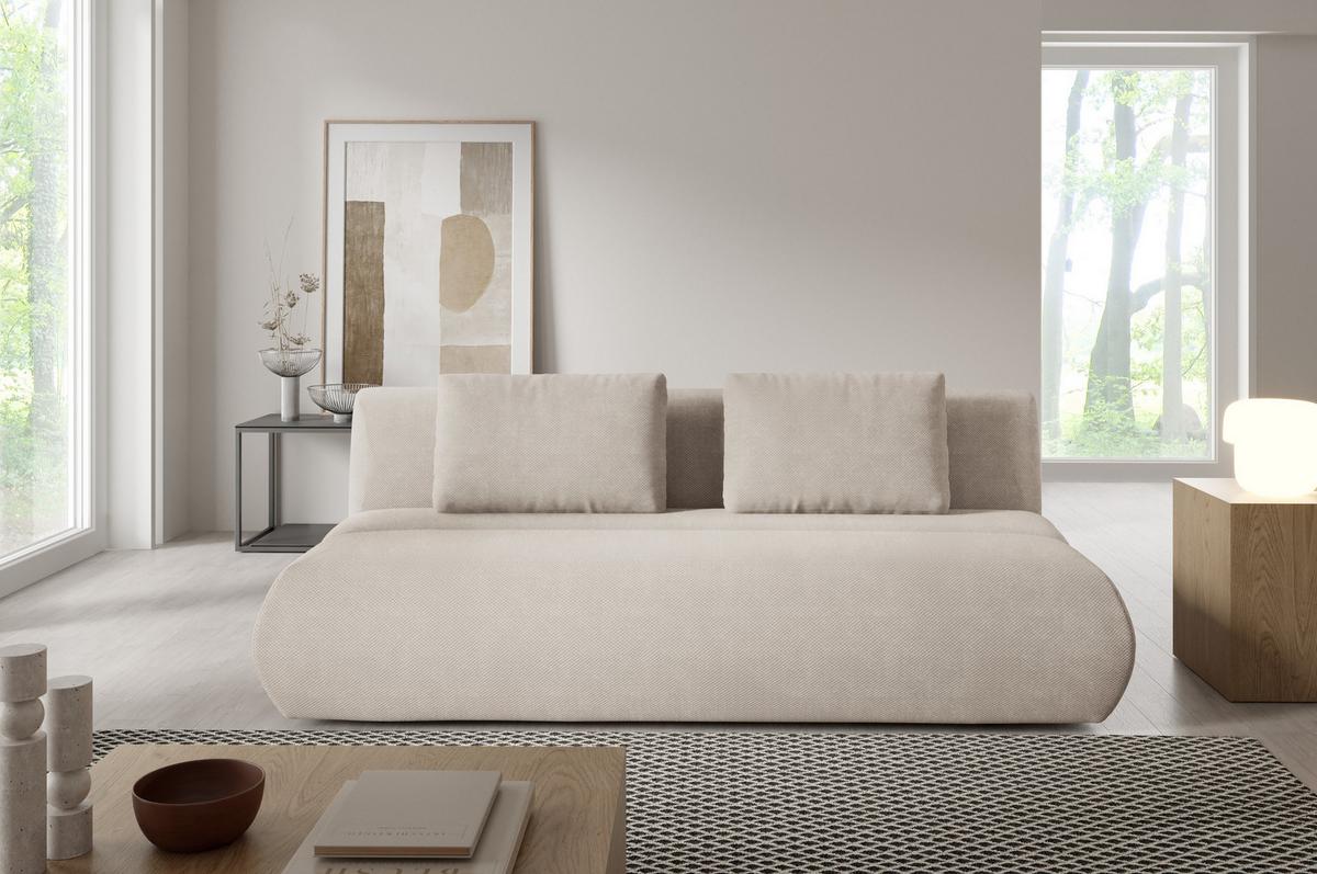 BETTSOFA ATOMO Beige Velours-Stoff mit Schlaffunktion - Beige, Holz (217/82/134cm) - MASSENO