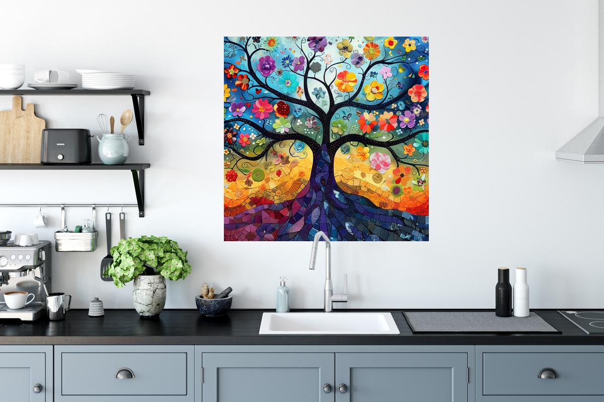 WANDTATTOO Kunst - Baum des Lebens - Blumen - Hippie Wanddeko 50x50 cm - Dunkelblau, Kunststoff (50/50/0.1cm) - MuchoWow