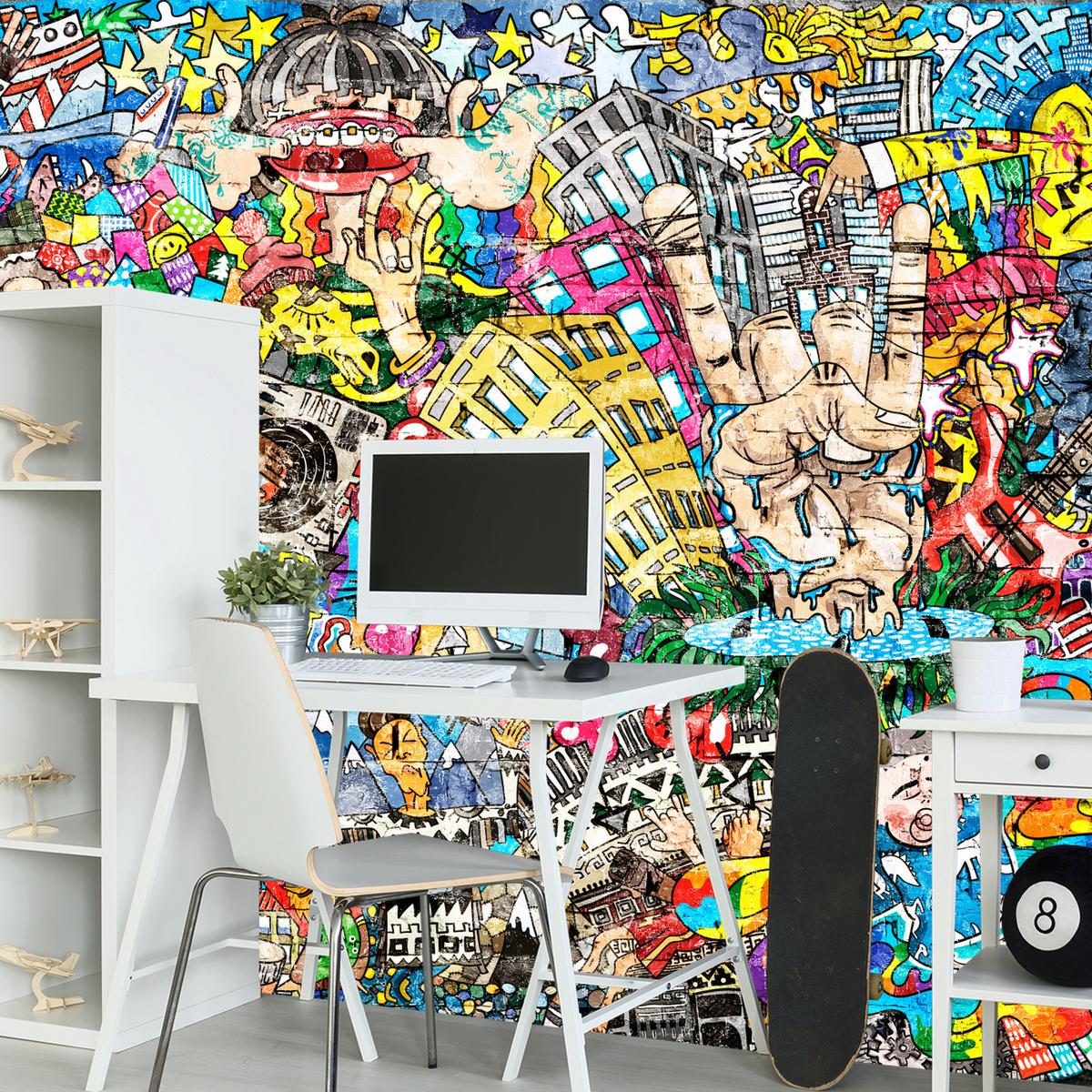 FOTOTAPETE für Jugendzimmer Buntes Graffiti Streetart Bunt 250x175 - Türkis/Gelb, Papier (250/175cm) - Muralo