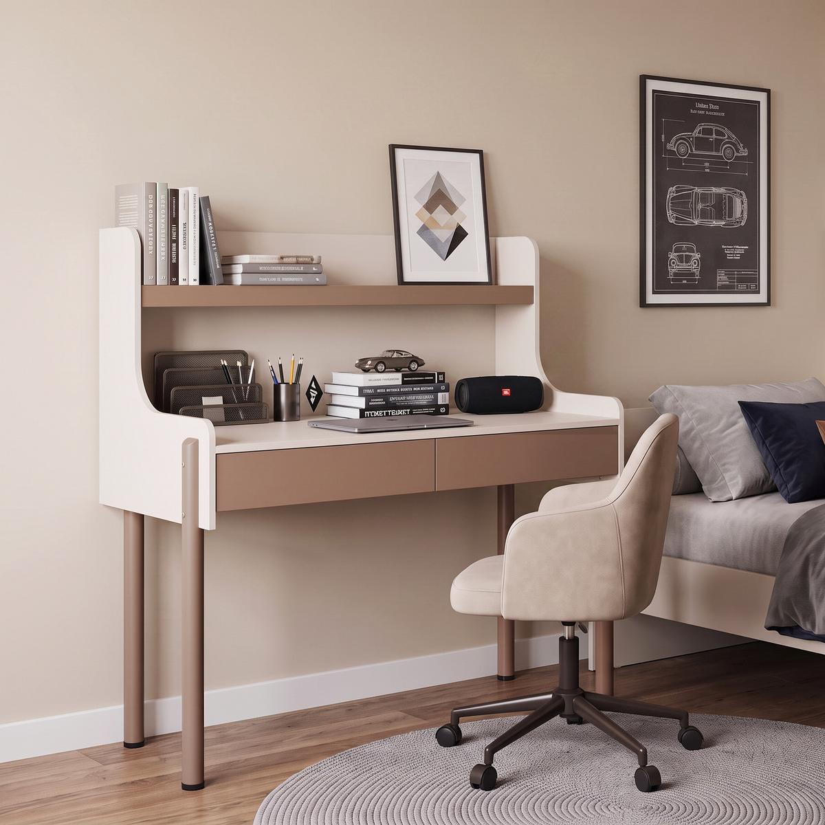 SCHREIBTISCH Boreo mit 2 Schubladen und Aufsatz, 118 cm, Kaschmir+Hellbraun - Kaschmir/Hellbraun, Metall (58/118/118cm) - Beautysofa