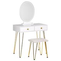 SCHMINKTISCH mit ovalem LED-Spiegel Hocker 2 Schubladen weiß/gold Caen - Goldfarben/Weiß, Holzwerkstoff (82/137/40cm) - Beliani