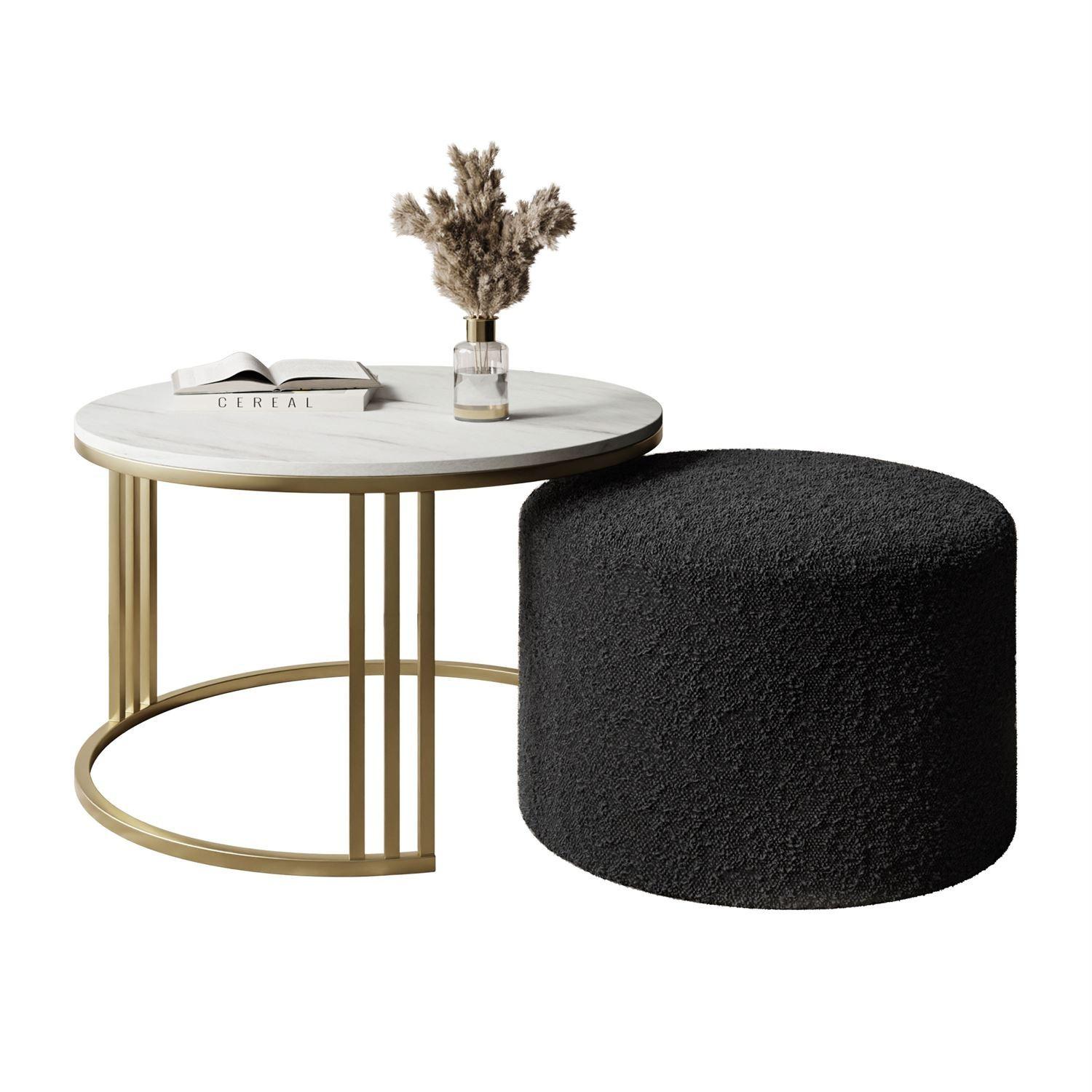 COUCHTISCH mit Hocker LORI MAT gebürstetes Gold/Marmor Levanto/Coral 60 - Weiß, Metall (70/70/49cm) - Lookway