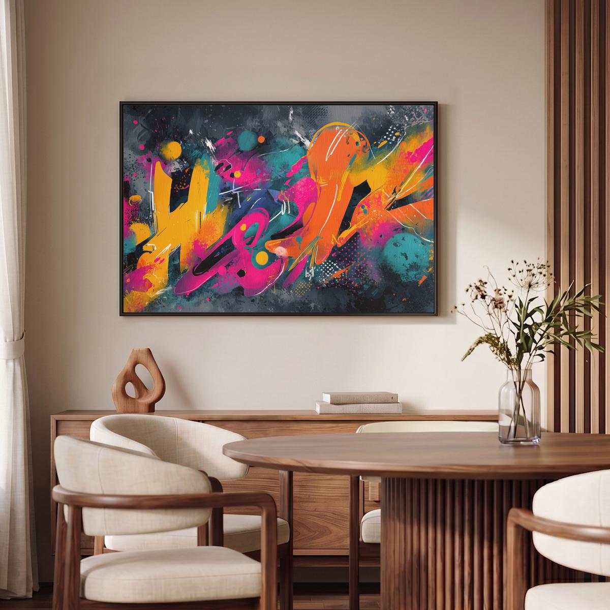 LEINWAND Bilder mit Rahmen - Abstrakt - Graffiti - Farbenfroh - Farbspritzer - 90x60 - Multicolor, Textil (90/60cm) - MuchoWow