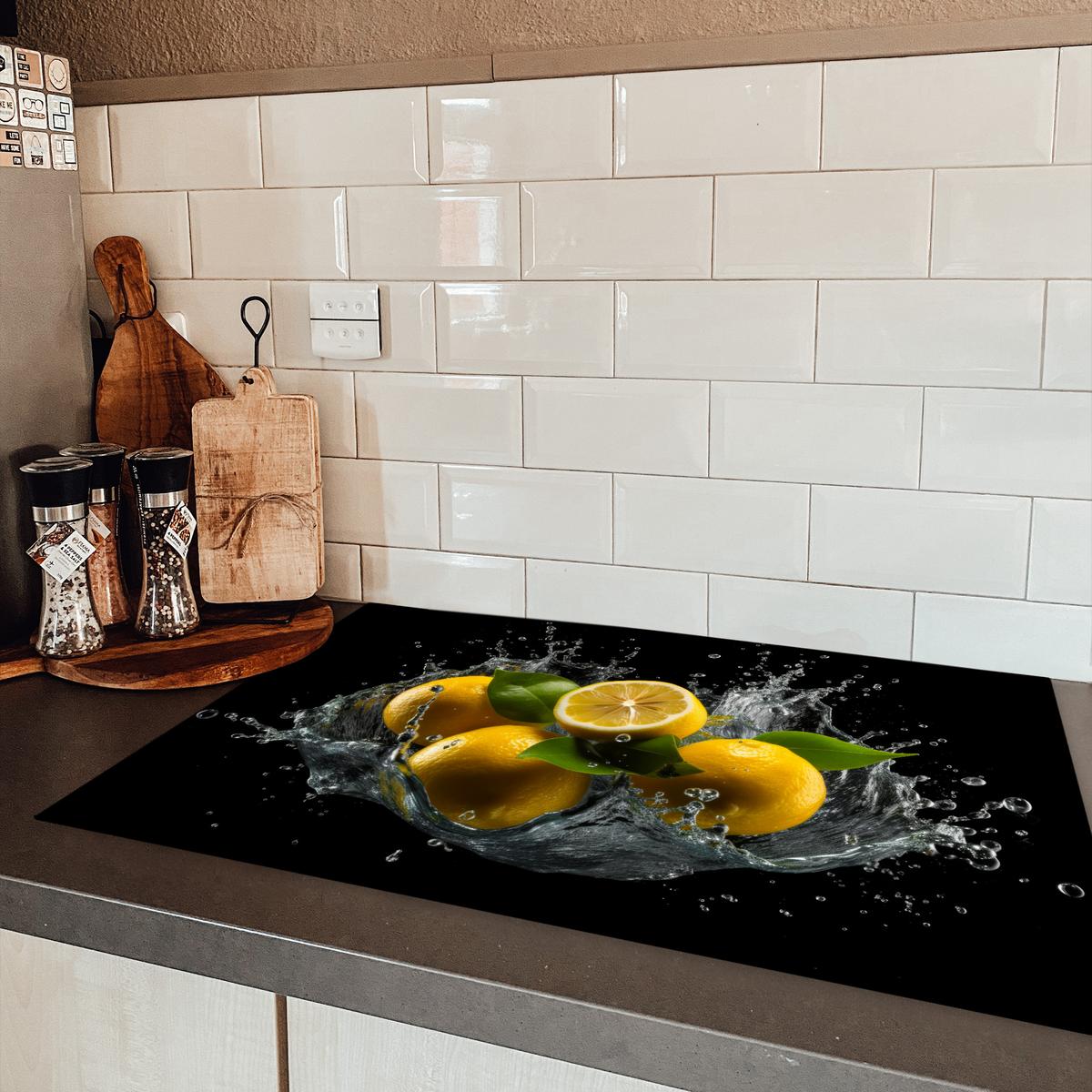 HERDABDECKPLATTE Zitrone - Obst - Gelb - Schwarz Induktionsschutz 81.6x52.7 cm - Gelb, Kunststoff (81.6/52.7/0.2cm) - MuchoWow