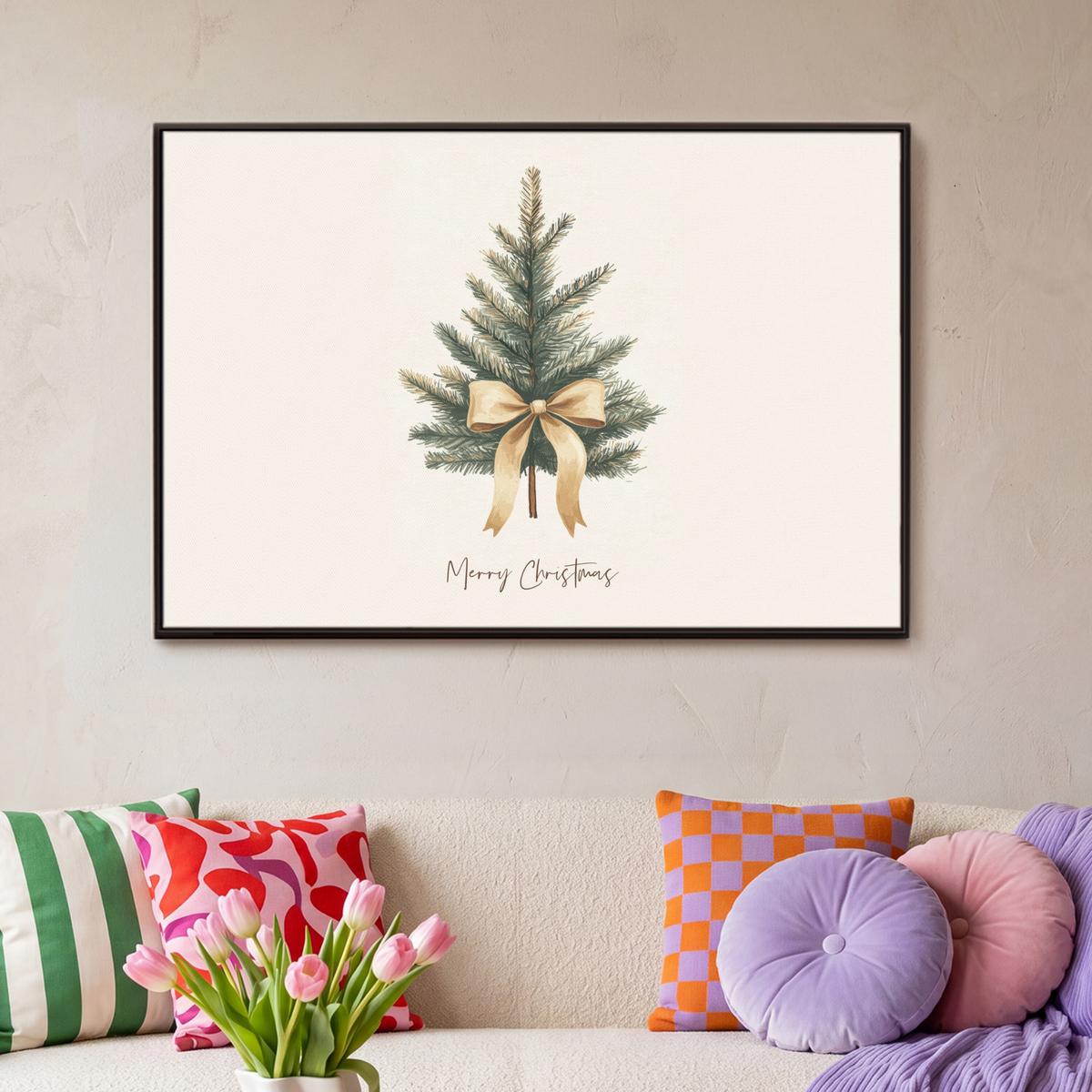 LEINWAND Bilder mit Rahmen - Weihnachtsbaum - Weihnachten - Frohe Weihnachten - Beige - 90x60 - Sandfarben, Textil (90/60cm) - MuchoWow