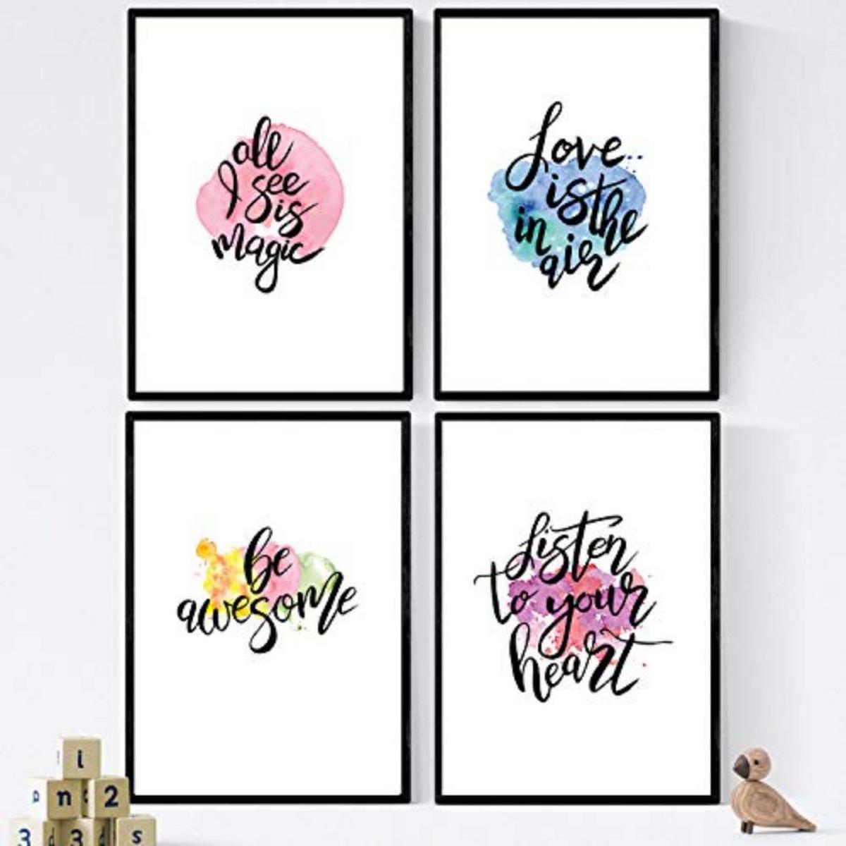 POSTER Set mit 4 glücklich und bunt ‚Love‘ A3 Schwarzer Rahmen - Schwarz, Papier (29.7/3cm) - Nacnic