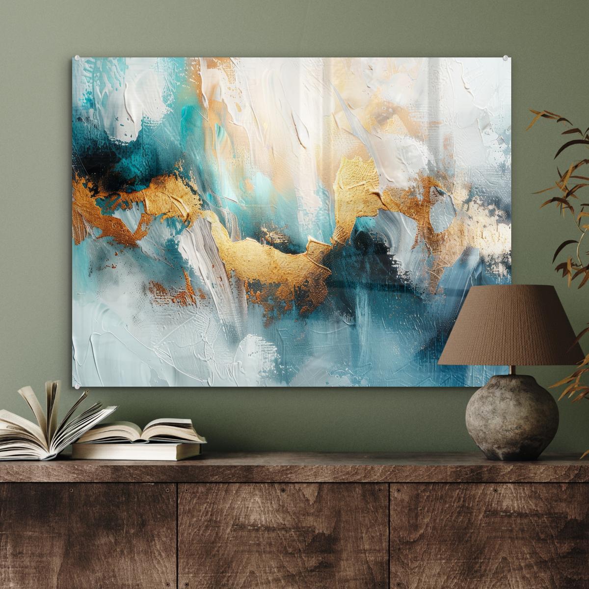 ACRYLGLASBILD Abstrakt - Kunst - Gold - Blau 80x60 cm - Petrol, Glas (80/60cm) - MuchoWow