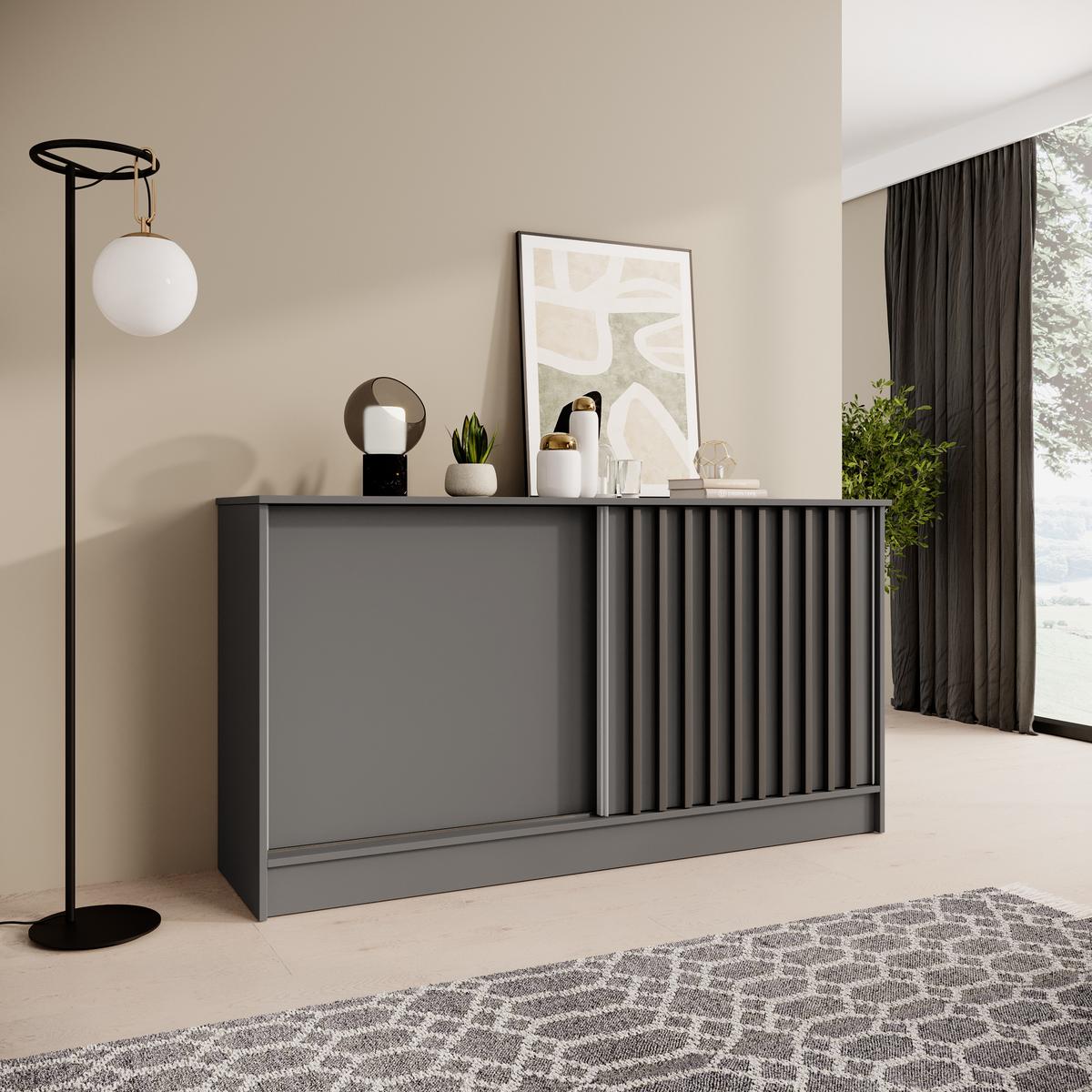 KOMMODE Horizon mit 2 Schiebetüren, Graphit, 160 cm - Graphitfarben, Holzwerkstoff (161/85/43.5cm) - Beautysofa