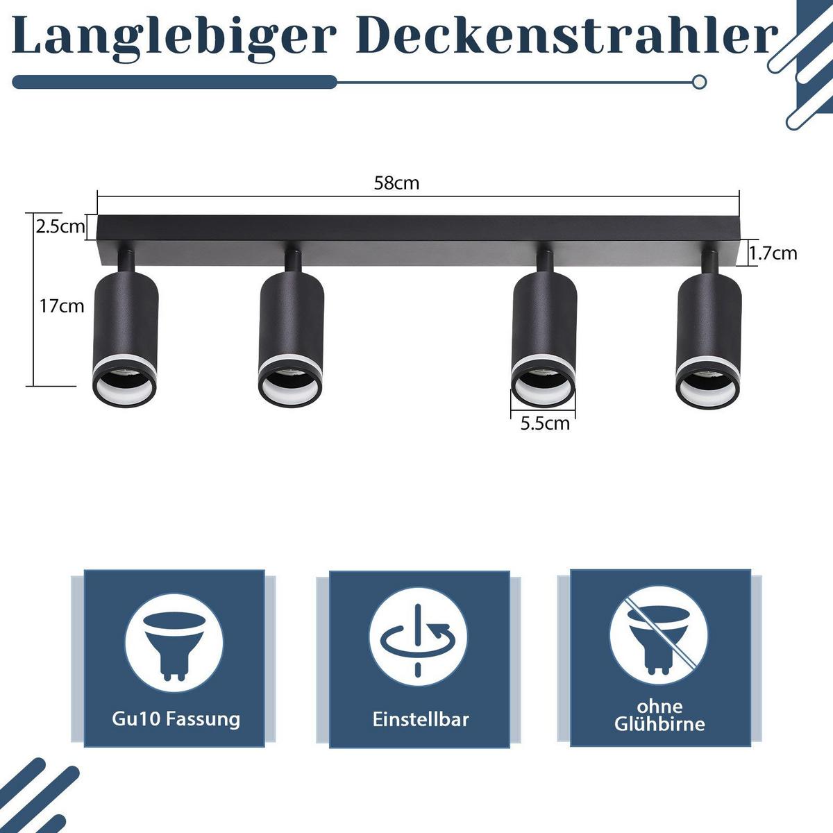 DECKENSTRAHLER Herne 4-flammig 58/5/17 cm - Schwarz, Metall (58/5/17cm) - Nettlife