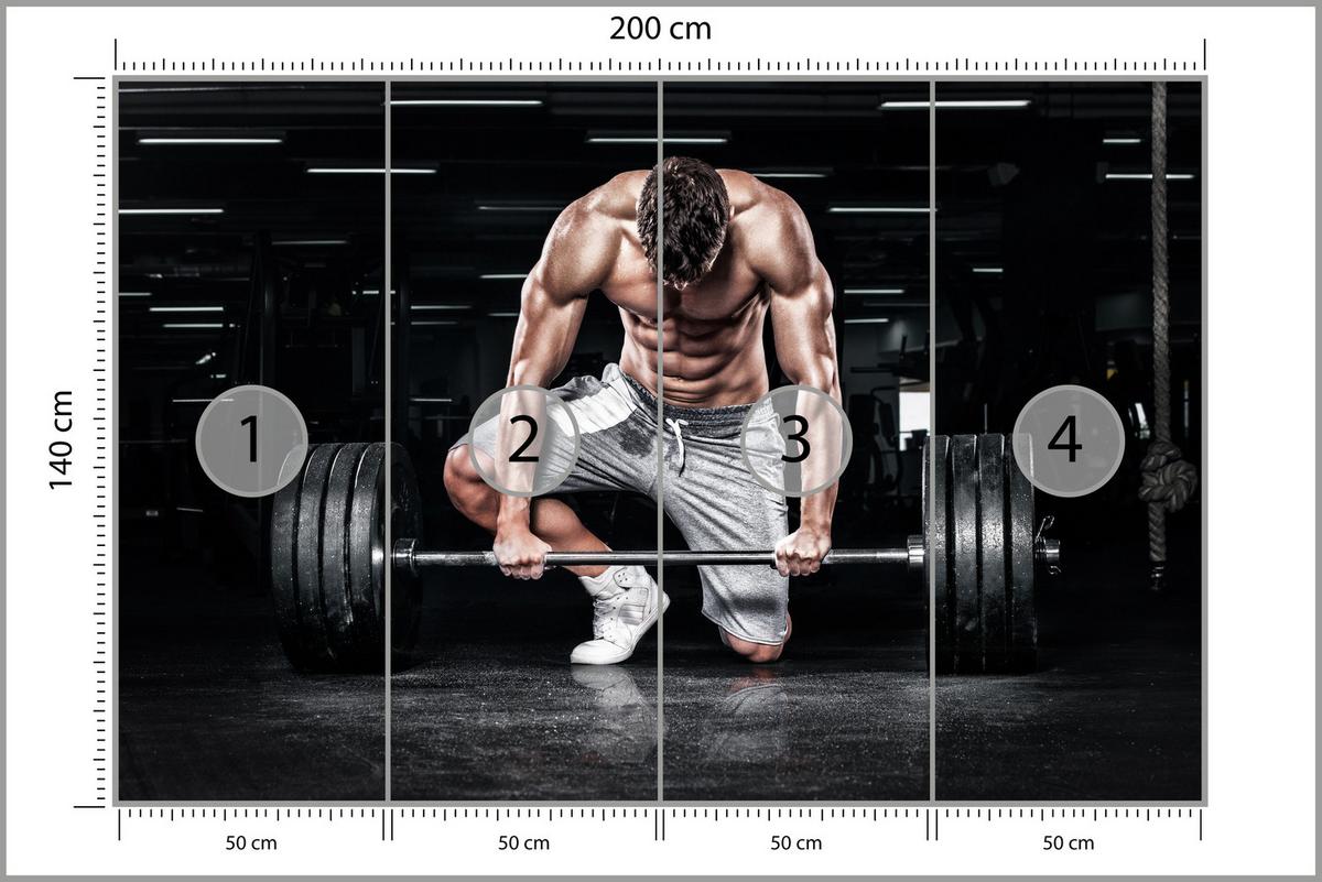 FOTOTAPETE Muskulöser Mann Fitnessstudio Training Sport 200x140 - Beige/Schwarz, Papier (200/140cm) - Muralo