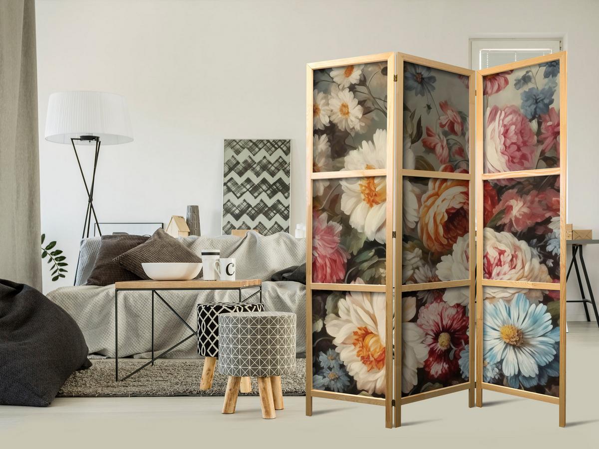 PARAVENT Japanischer 3-tlg 135x172 cm Bunte Blumen - Multicolor, Holz/Textil (135/172/3cm) - Muralo