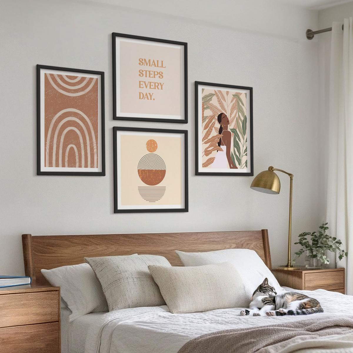 BILDER SET 4er Set - 50x50 cm & 40x60 cm Schwarzer Rahmen - Stilvolle Pflanzenmuster und Geometrie - Schwarz, Kunststoff (50/50cm) - TULUP