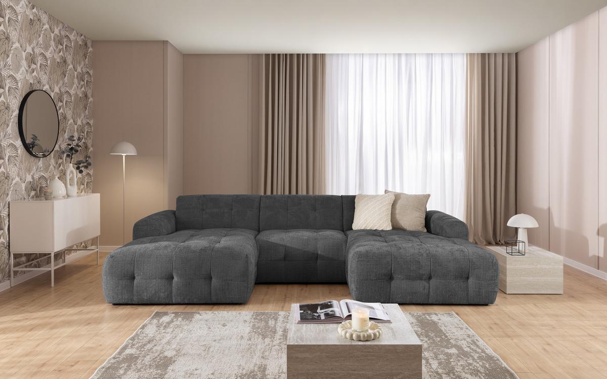 WOHNLANDSCHAFT Kozy im Bumpy-Design mit fester Rückenlehne aus weichem Grau Chenille-Stoff - Schwarz/Grau, Holz/Kunststoff (323/79/161cm) - S-Style