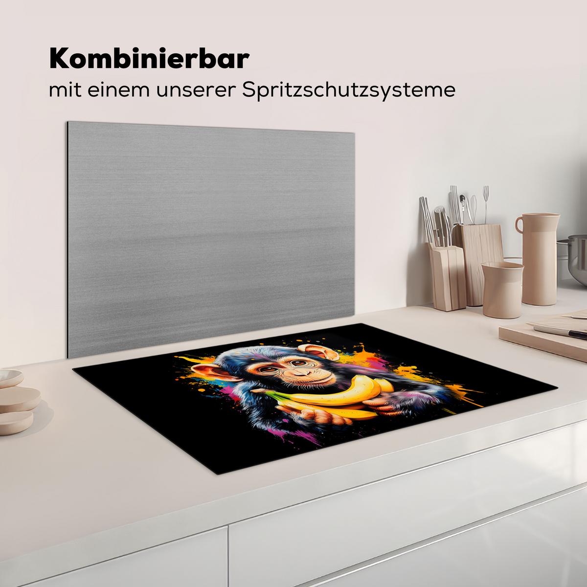 HERDABDECKPLATTE Affe - Graffiti - Farbenfroh - Bananen - Modern Ceranfeldabdeckung 76x51.5 cm - Gelb, Kunststoff (76/51.5/0.2cm) - MuchoWow