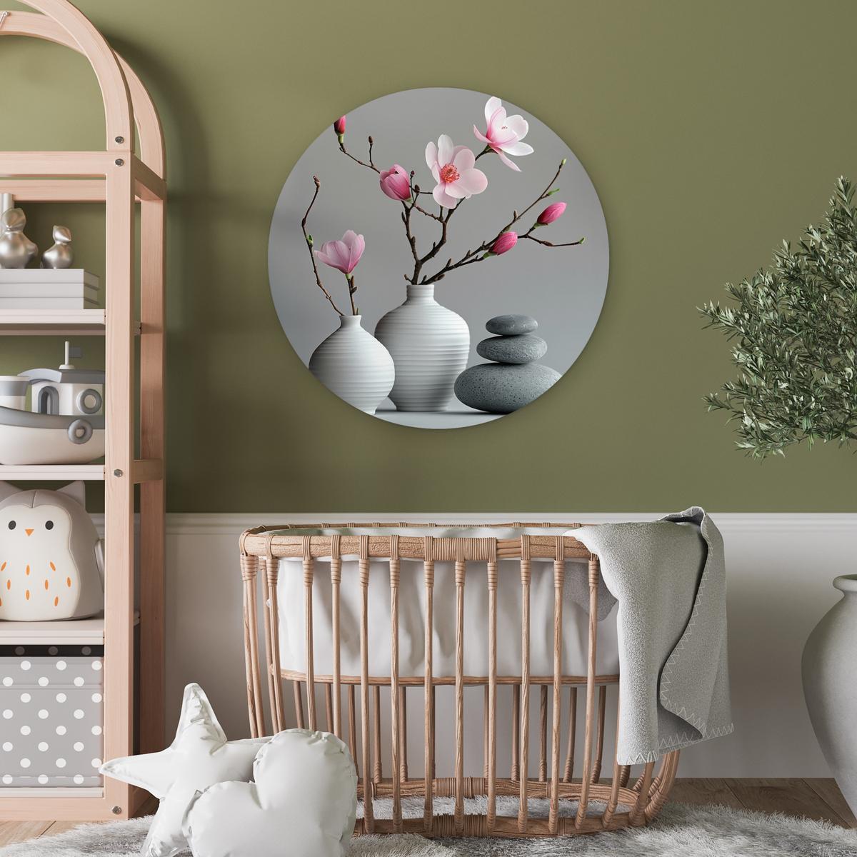 WANDBILD Magnolie - Blumen - Rosa - Zen-Steine Wanddeko Schlafzimmer 60x60 cm - Hellgrau, Kunststoff (60/60cm) - MuchoWow