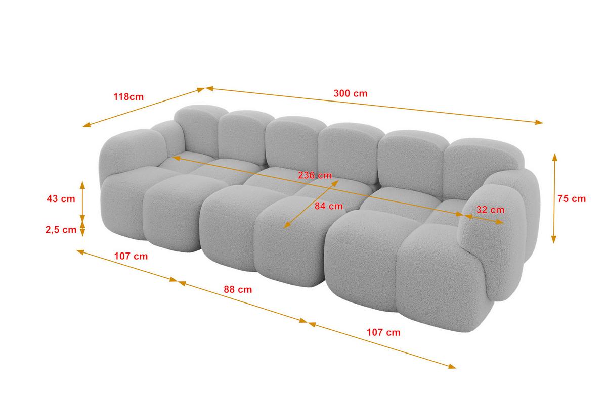 3-SITZER modulares Sofa Miko-S2 300x118x75 cm Hellgrau Bouclé - Edelstahlfarben/Schwarz, Holzwerkstoff/Kunststoff (300/75/118cm) - ALTDECOR