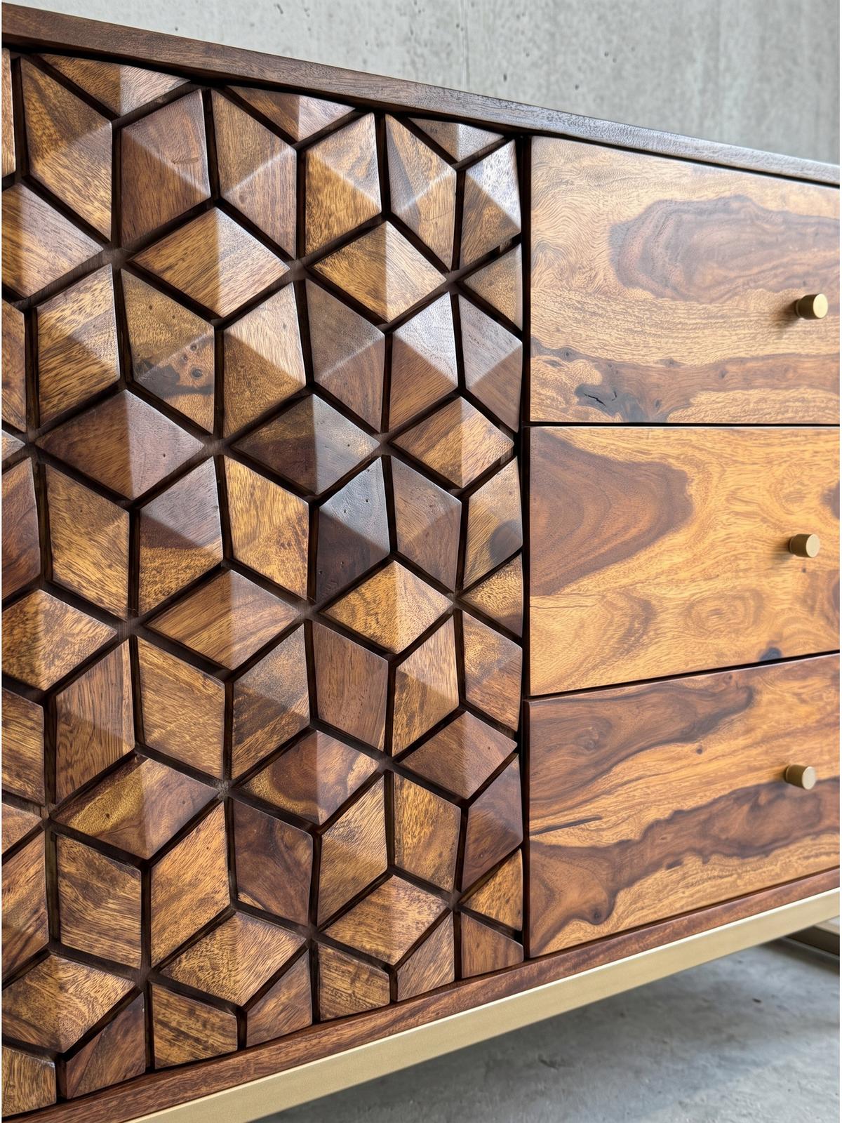 KOMMODE TREVI, Dunkles Massivholz, mit Stauraum, 180 x 40 x 70 cm - Goldfarben/Braun, Holz/Metall (180/70/40cm) - KADIMA DESIGN