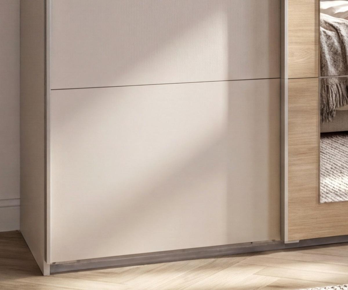 SCHWEBETÜRENSCHRANK 3-türig B270/H208/64 cm Kleiderschrank in Beige Grau, Spiegel umrahmt in Eiche Natur, Griffe Beige Grau / 22628 - Beige/Grau, Holzwerkstoff/Metall (270/208/64cm) - luma-home