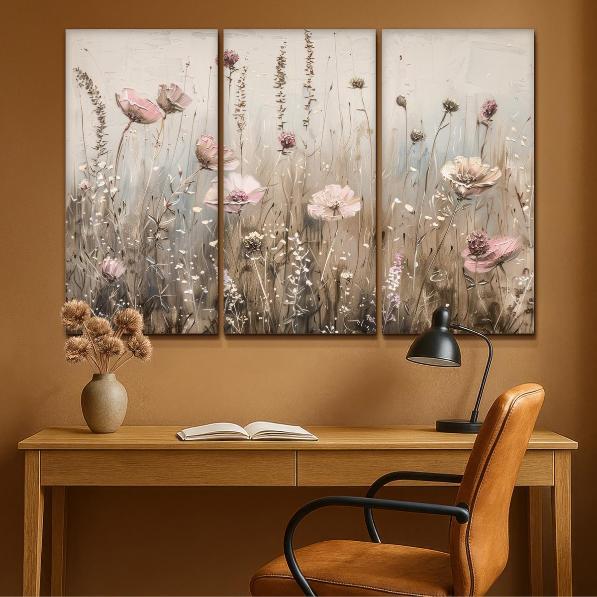 LEINWANDBILD 3er Set Blumen - Beige - Modern - Rosa 120x80 cm - Ecru, Textil (120/80cm) - MuchoWow