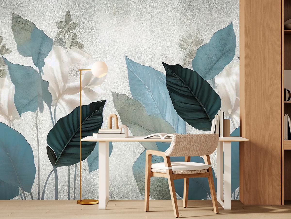 FOTOTAPETE für Wohnzimmer Blaue Blätter Beton Vintage Minimalistisch 450x315 - Grau, Papier (450/315cm) - Muralo