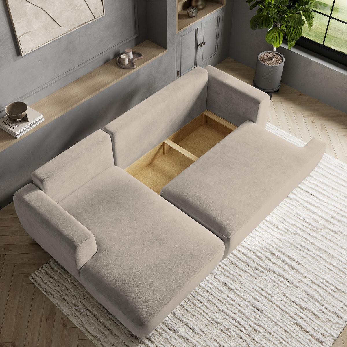 ECKSOFA SENTI K L-S Beige Plüsch-Stoff mit Schlaffunktion - Beige/Schwarz, Holz/Kunststoff (246/148cm) - MASSENO