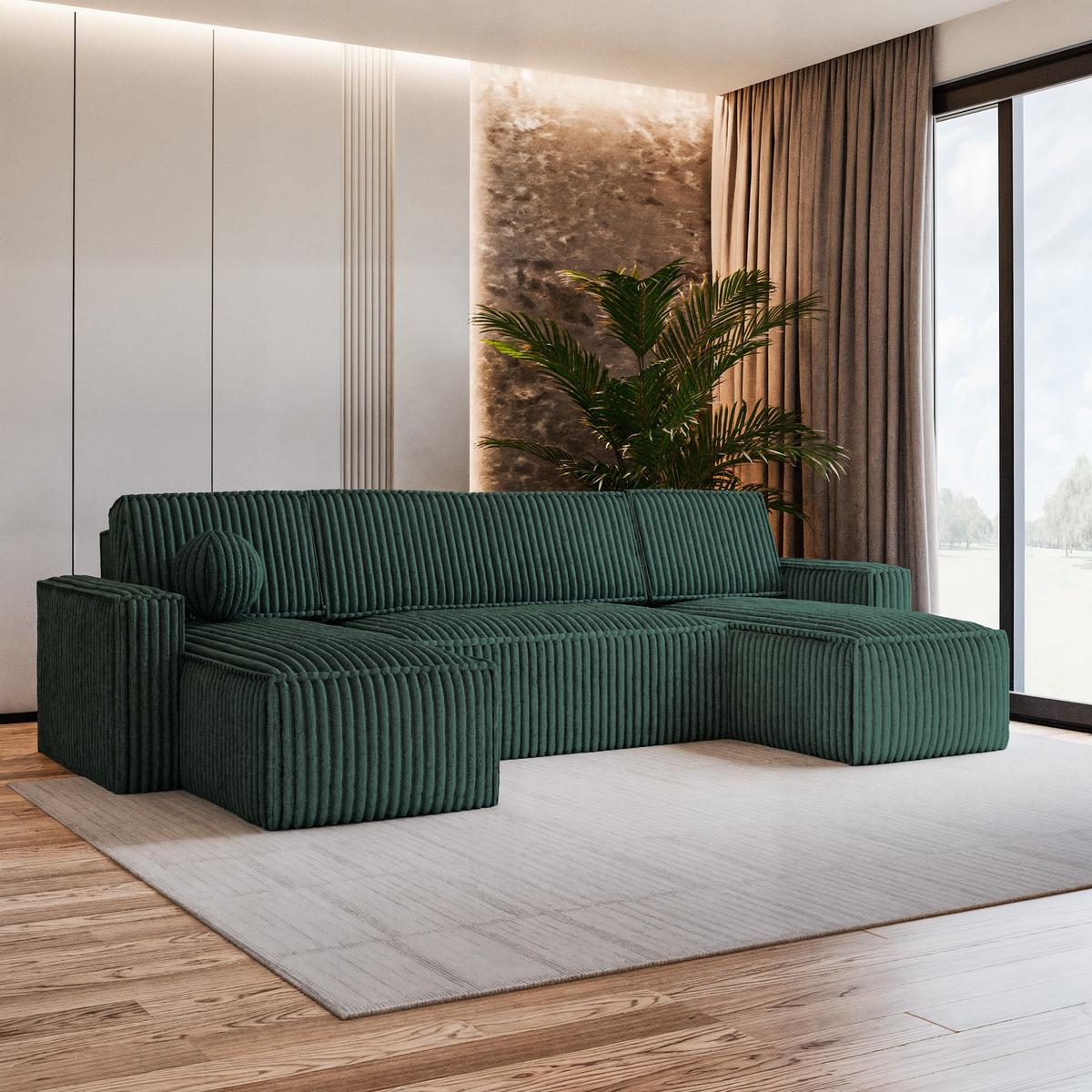 WOHNLANDSCHAFT PESANO T Grün Kordstoff mit Schlaffunktion - Grau/Grün, Holz/Kunststoff (306/85/140cm) - MASSENO