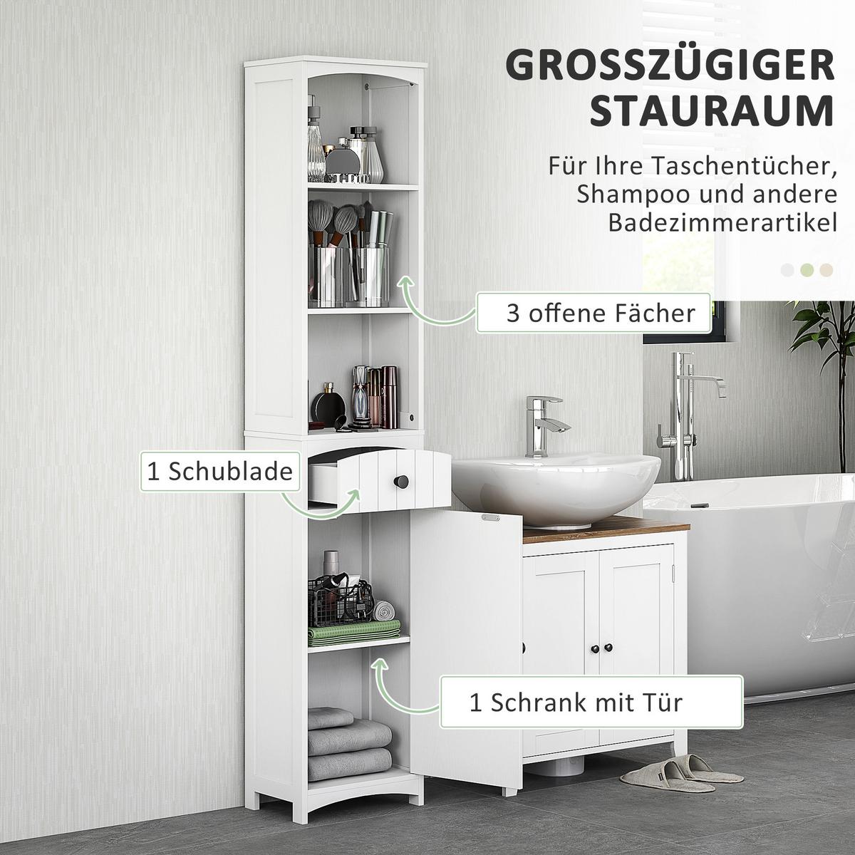 HOCHSCHRANK mit 3 Regalen, 1 Schublade, Weiß, 34x24x170,5cm - Weiß, Holz (24/170.5/34cm) - HOMCOM