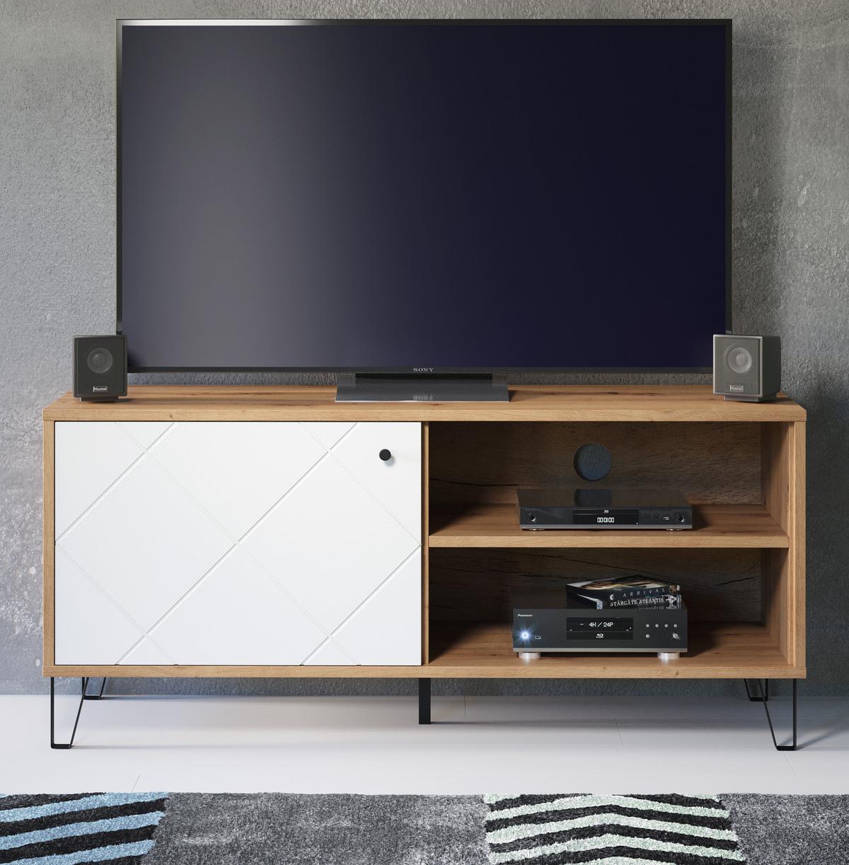 TV-LOWBOARD weiß matt, Eiche Artisan 123 cm,TV-Unterteil mit moderner Rautenoptik - Eichefarben/Schwarz, Holzwerkstoff/Kunststoff (123/56/40cm) - Top.Furn