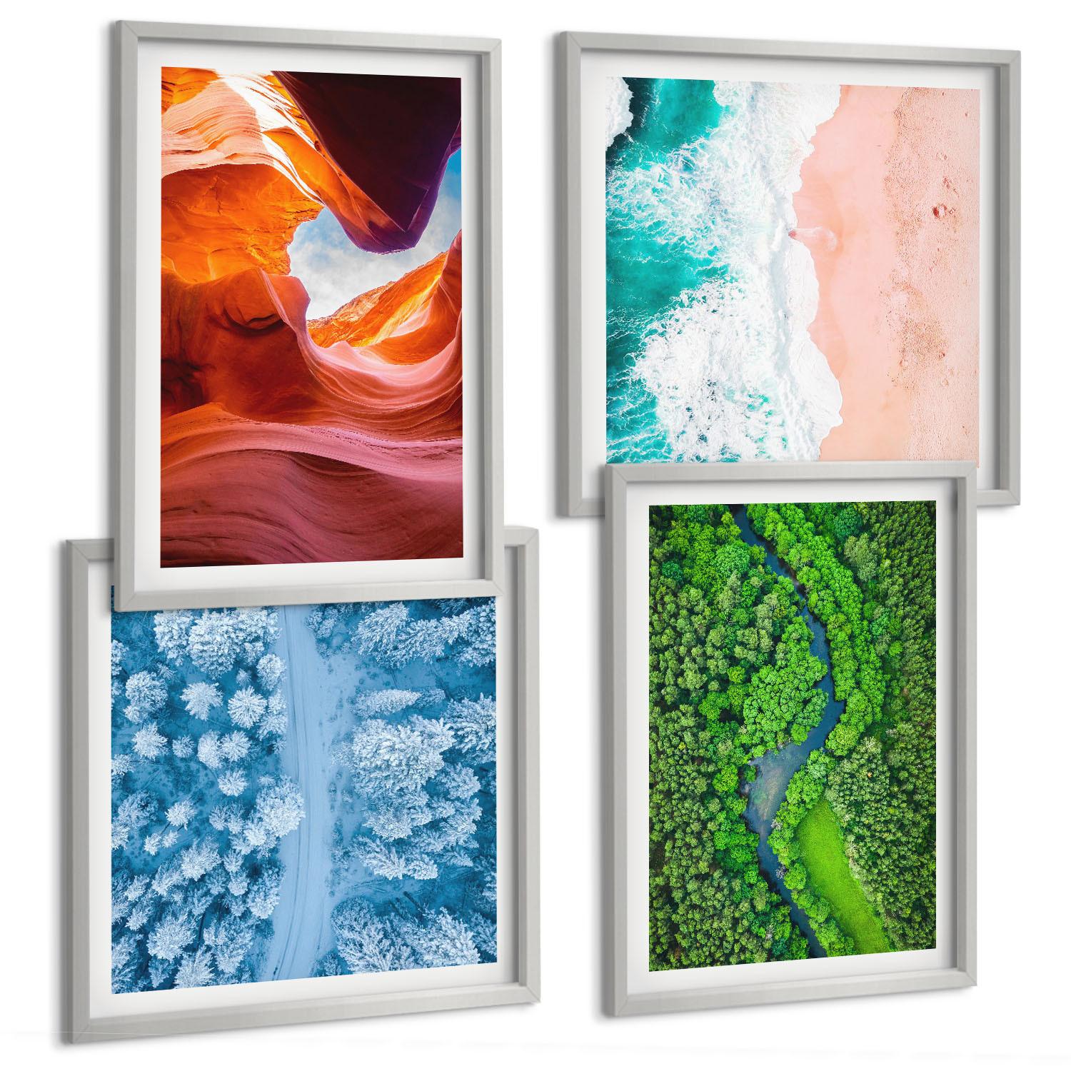 BILDER SET 4er Set - 50x50 cm & 40x60 cm Silberner Rahmen - Grün der Wasserschlucht im Winter - Silberfarben, Kunststoff (50/50cm) - TULUP