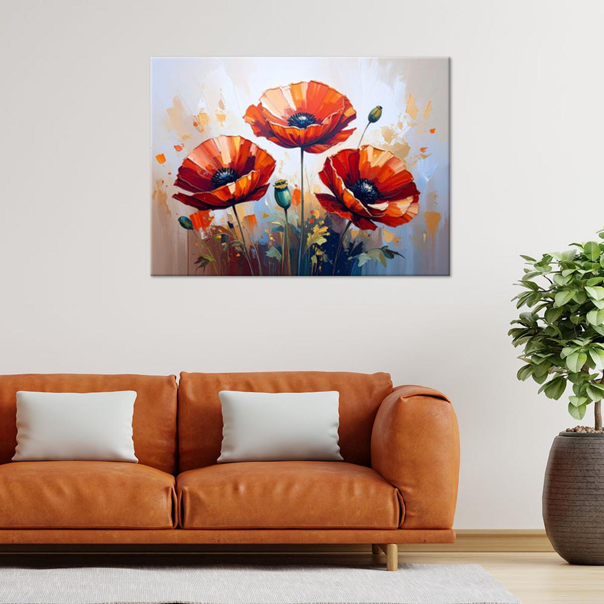 LEINWANDBILD Rote Mohnblumen auf beigem Hintergrund 100x70cm - Rot, Textil (100/70cm) - Feeby