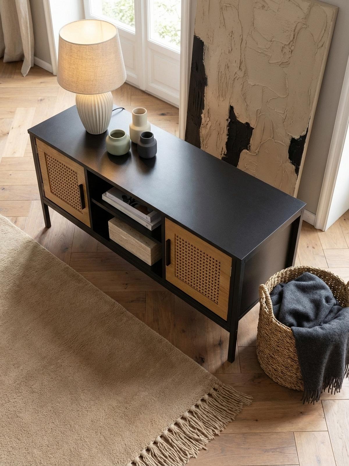 LOWBOARD Schwarz Eiche-Dekor Zeitloser Stil 110x48x40 cm mit Wiener Geflecht und Türen - Schwarz, Holzwerkstoff/Metall (110/48/40cm) - KADIMA DESIGN
