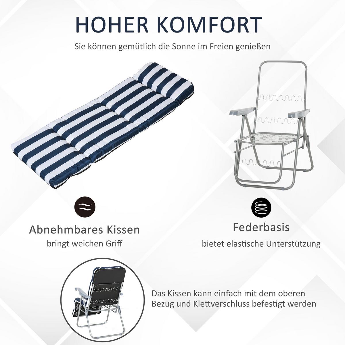 SONNENLIEGE, 5 Positionen Auflage, Stahl, Polyester, Schaumstoff, Blau - Blau, Kunststoff (75/102/60cm) - Outsunny